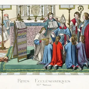 Ecclesiastical rite: la tonsure, 15th century - Ecclesiastical rite of tonsure, 15th century - Bishop in mitre, chasuble, dalmatic, alb and maniple, novices accepting the tonsure (haircut)