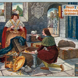 Edward II and Piers Gaveston fill their empty coffers at the plunder of York, 1311 (colour litho)