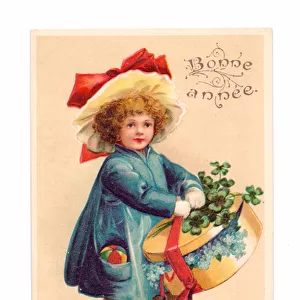 Edwardian postcard of a child carrying a hat box, c. 1910 (colour litho)