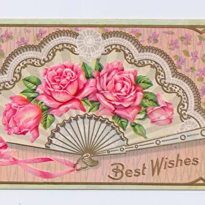 Edwardian postcard of a fan with pictures of pink roses, c. 1910 (colour litho)