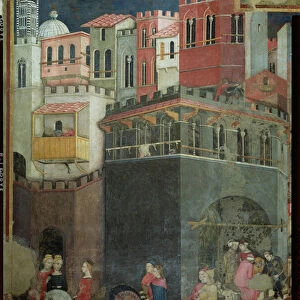 Effects of Good Government in the City, detail of architecture and citizens, 1338-40 (fresco)