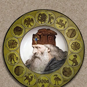 Effigy of Charlemagne (742? -814), Plate in faience bearing the portrait of Charlemagne by Albert Anker (1831-1910). Paris, Musee des beaux-arts de la ville de Paris, PeuPalais