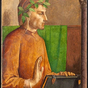 Effigy of Dante Alighieri (1265-1321), poet, Italian writer, author of the Divine Comedie, headdress of a liripion - Painting by Juste of Ghent (Joos van Wassenhove) (circa 1435-around 1475) and Pedro Berruguete (circa 1450-before 1504)