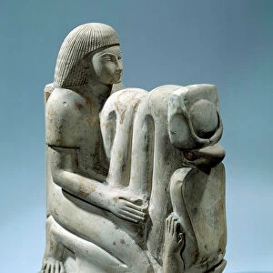 Egyptian antiquite: limestone statue of Setaou with the goddess Cobra Nekhbet