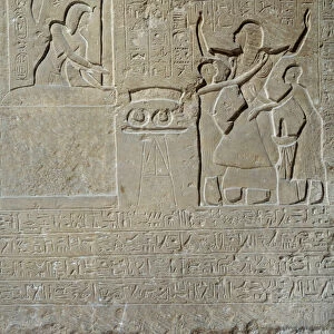 Egyptian antiquite: relief in limestone of Hormin: Sethi I distributes the collars of