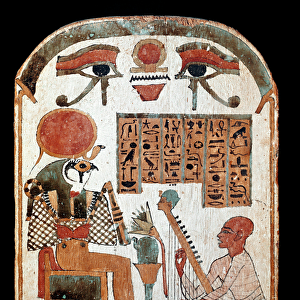 Egyptian antiquite: stele of harpist Jedkhonsuiufankh in worship before the divinite