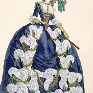 Elaborate royal court dress in navy blue with luxuriant white frill design