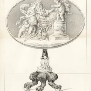 Elaborate work table with folding leaf, painted top with classical scene and glass cover Elaborate work table with folding leaf, painted top with classical scene and glass cover
