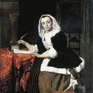An elegant lady writing at her desk, with a dog beside her (oil on panel)