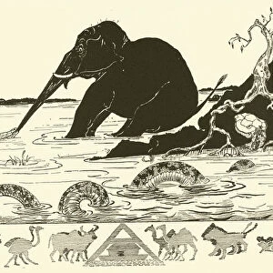 The Elephants Child having his nose pulled by the Crocodile (engraving)