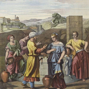 Eliezer and Rebecca at the well (colour litho)