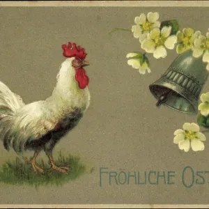 Embossed Print of Easter Rooster with Flowers and Bell