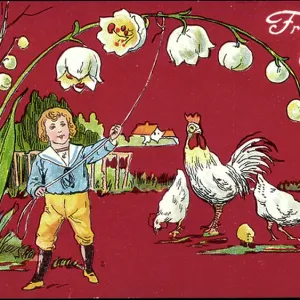 Embossed Easter Print featuring a Hen and Chick with Lily of the Valley