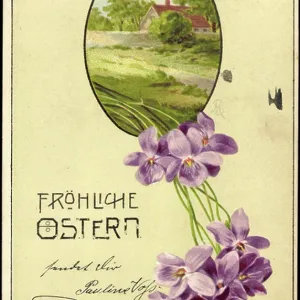 Embossing Litho Congratulations Easter, House, Trees, Violets Embossing Litho Congratulations Easter, House, Trees, Violets