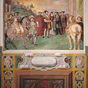 Emperor Charles V (1500-58) and Francis I (1494-1547) Make Peace under the Auspices of Pope Paul Farnese III (1546-92), from the Sala dei Fasti Farnese, 1557-66 (fresco) (see also 156713 for detail)