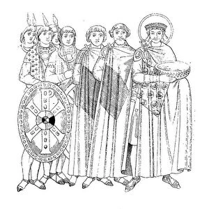 Emperor Justinian and his retinue, 6th century, after a mosaic painting in Ravenna
