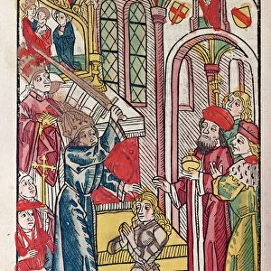 Emperor Sigismund (1367-1437) of Luxemburg dubbing a Knight (colour woodcut)