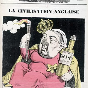 English civilization: Victoria, a bottle of gin in hand, sitting on Egypt, Ireland, India