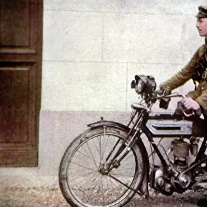 An English dispatch rider taking off during the Battle of the Marne east of Paris