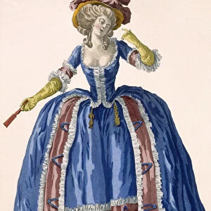English style hooped dress in electric blue with burgundy frilled edging