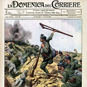 Enrico TOTI (1882-1916) Front page of Corriere Sunday illustrating the legendary gesture: Mortally shot during an attack on Monfalcone, 6 August 1916, launched his enemy lines crutch