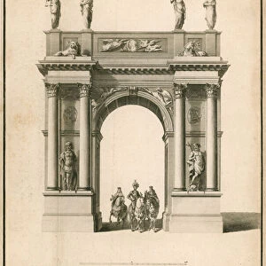 The entry of the Champion, attended by the Lord High Constable and the Earl Marshal, through the Triumphal Arch (engraving)