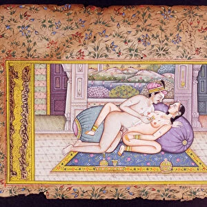 Erotic scene in a luxurious boudoir, Rajasthani miniature painting (w / c on paper)