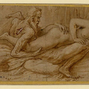 Erotic Scene par Romano, Giulio (1499-1546), after 1524 - Pen, brush, brown Indian ink, white colour, black chalk on paper, 13x22, 6 - Szepmuveszeti Muzeum, Budapest