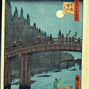 Estampe japonaise: Le quai de bambou par le pont Kyobashi (Tokyo, Japon). Serie cent vues celebres d Edo. (Bamboo Quay by Kyobashi Bridge, One Hundred Famous Views of Edo)