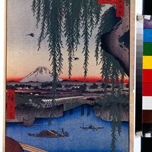 Estampe japonaise: Vue du pont Yatsumi (Tokyo, Japon). Serie cent vues celebres d'Edo. (View of the Yatsumi Bridge, One Hundred Famous Views of Edo)