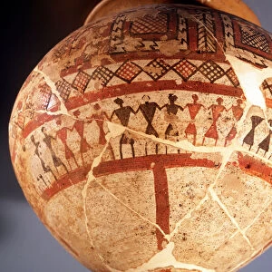 Etruscan civilization: detail of olla on foot in terracotta decorated with geometric