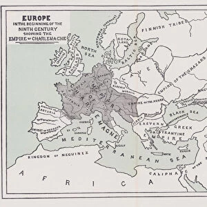 Europe, in the beginning of the nineth century showing the empire of Charlemagne (colour litho)