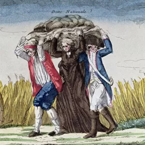 Everybody carry the burden of Taxes and National Debt, c. 1789 (colour engraving)