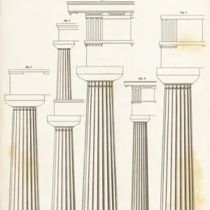Examples of Doric pillars or columns, classical architecture. 1809 (engraving)