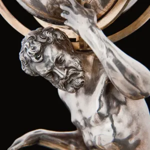 Two exceptional terrestrial and celestial globes, supported by Hercules and Atlas