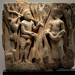 Exchange clothes with a hunter. Low relief sculpted, art of Gandhara (Pakistan)