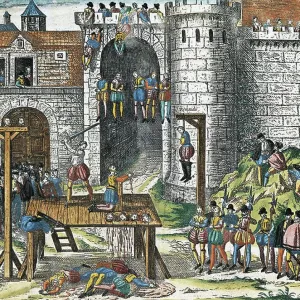 Execution of the Amboise conspirators, March 25, 1560, engraving by Franz Hogenberg (1535-1590). Wars of Religion, France, 16th century