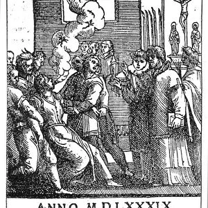 Exorcising scene in 1589 (engraving) (b / w photo)