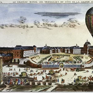 Experiment with a hot air balloon in Versailles, 1784 (engraving)