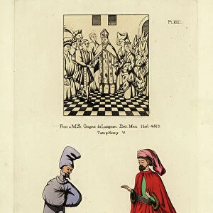 Extravagent fashions of the 14th century in England, illustration from Illustrations of Mediaeval Costume in England, 1853 (hand-coloured engraving)