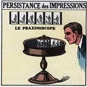 The eye: persistence of impressions. The praxinoscope. Anonymous illustration from 1925