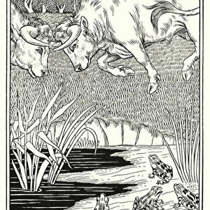 Fables of La Fontaine: The two bulls and the frog (litho)