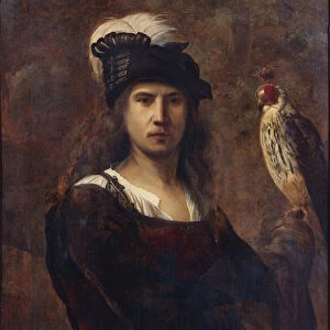 A falconer, standing half length, in a feathered hat (oil on panel)