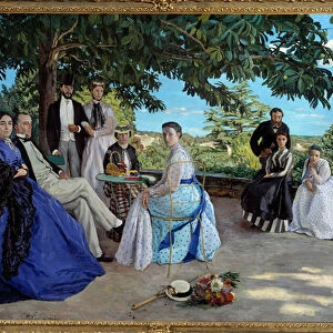 Family meeting: portrait of a French bourgeoisie family gathered in a garden