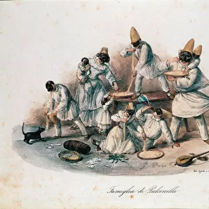 A family of pulcinella devouring pasta, 19th century (lithography)