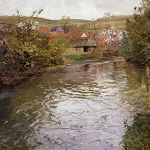 Farmhouses on the Banks of a Stream, (oil on canvas)