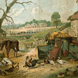 Farmyard with St Pancras Railway Station in background (coloured engraving)
