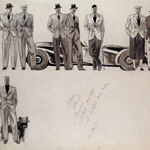 Fashion design for Adam, depicting ten male models standing by a car