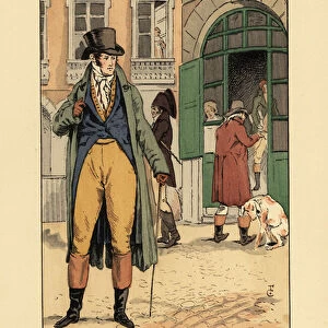 Fashionable gentleman in front of the entrance to the Passage du Perron, Palais Royal. He wears a hat, cravat, coat, waistcoat breeches and boots. The Perron of the Palais Royal, Paris, 1802. Handcoloured lithograph by R. V