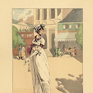 Fashionable woman in front of the Theatre des Varietes, Boulevard Montmartre, Year VII, 1799. (Built in 1807). She wears bonnet, fichu, high-waisted robe and long-sleeved gloves. Handcoloured lithograph by R. V